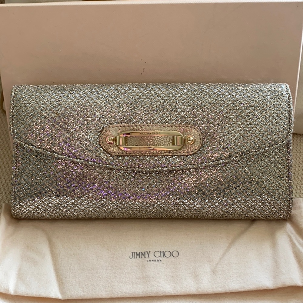 Jimmy Choo champagne clutch with chain strap